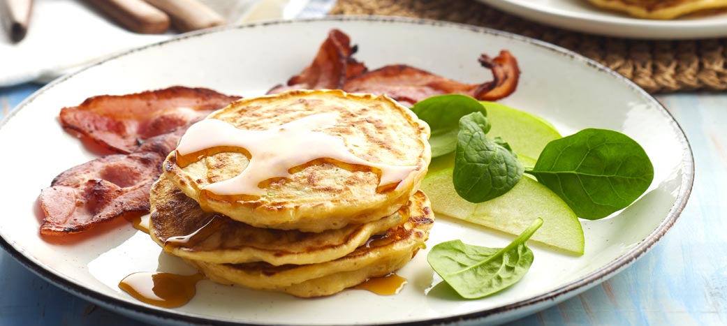 Cheesy Apple Hotcakes with Maple and Bacon